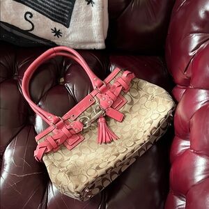 Coach Tan and Pink Signature Tote Bag